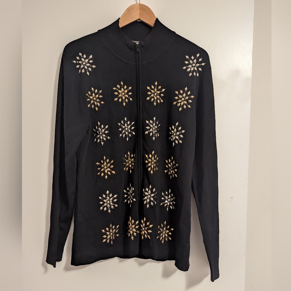 Berek Black Zipper Cardigan with Gold and Silver Embellishments EUC